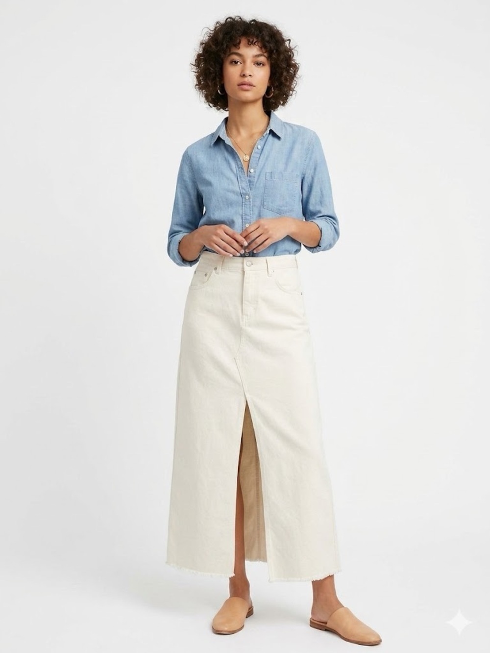 Pilcro Anthropologie White Denim Maxi Skirt Raw Hem Front Slit High Rise